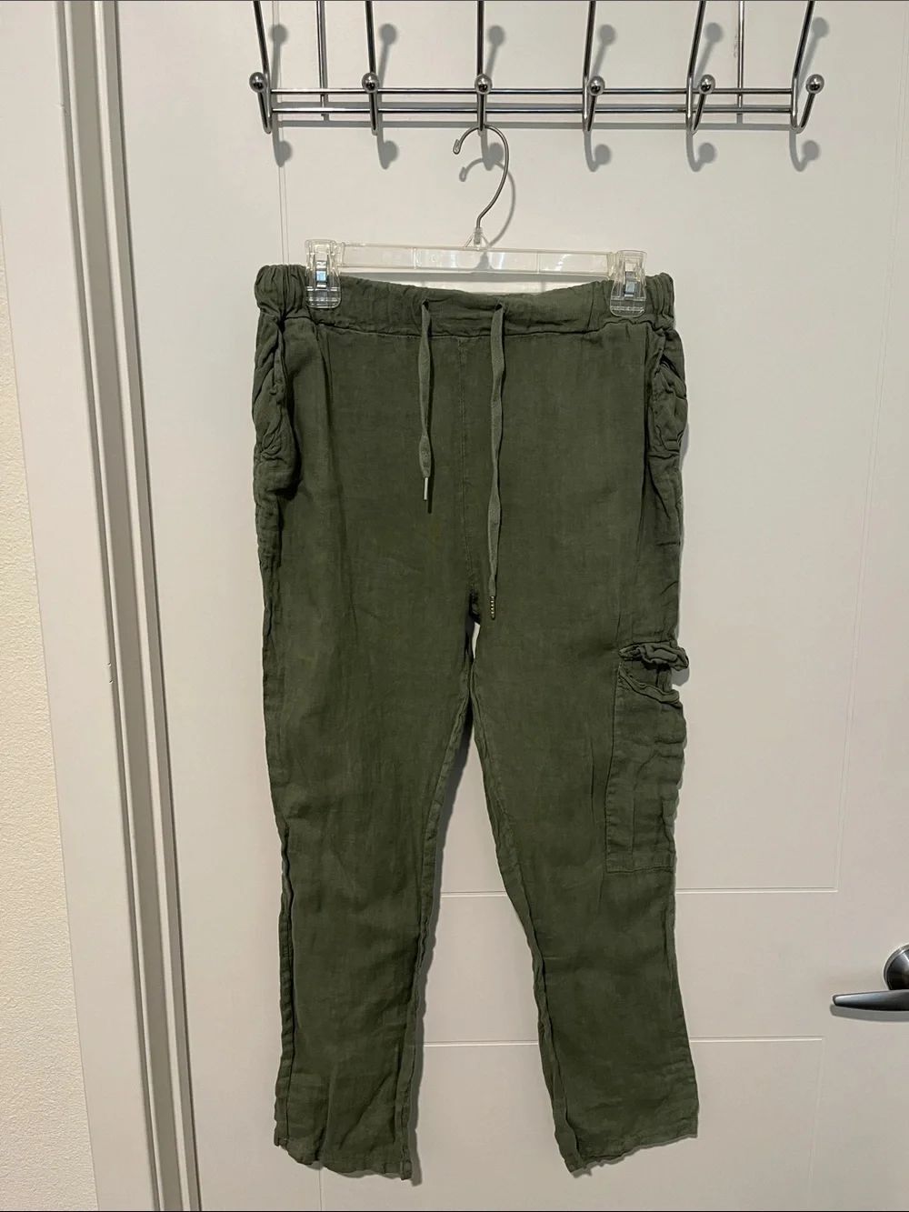 Meo Meli Green Linen Drawstring Pockets Pants Bohemian Coastal Made In Italy